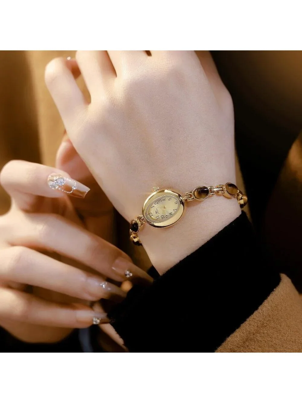 Women's Silver Black Analog Quartz Waterproof Oval Dainty Vintage Bracelet Watch